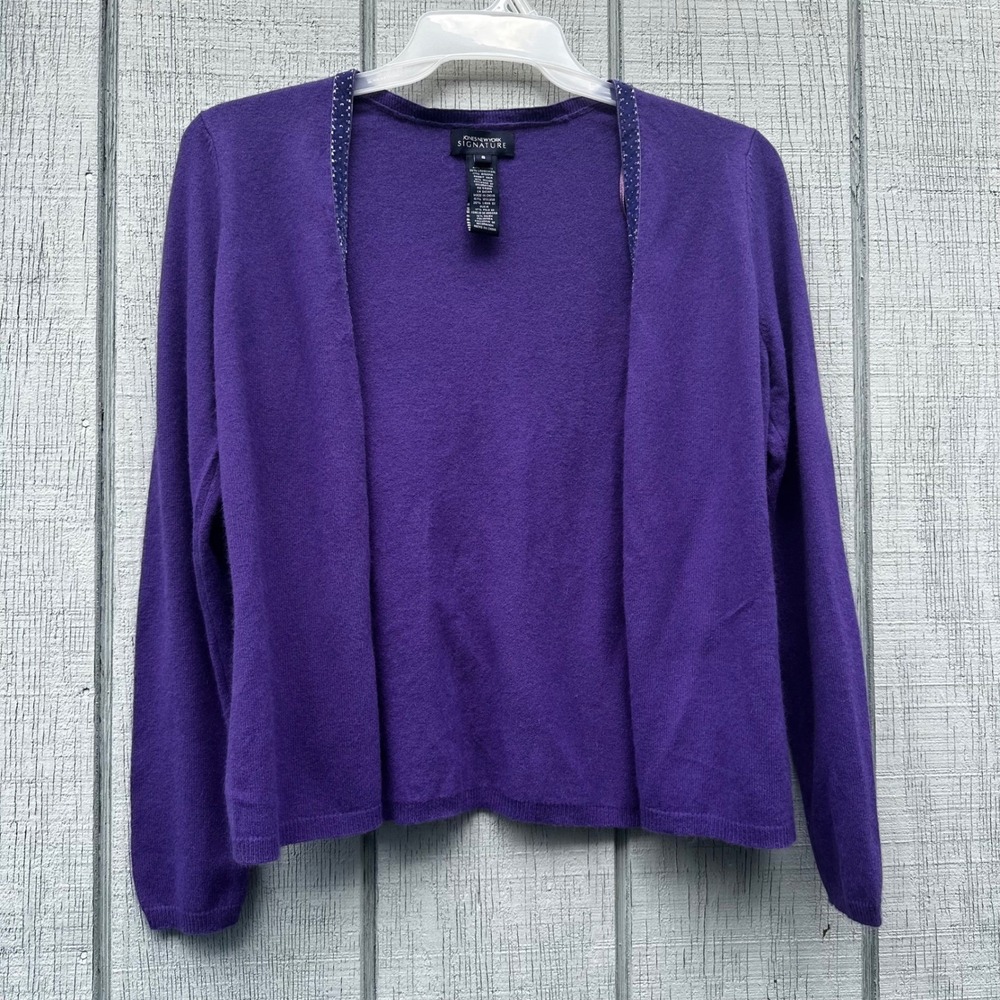 JONES NEW YORK SIGNATURE‎ Lambswool Purple Beaded Trim Cardigan Sweater Size S